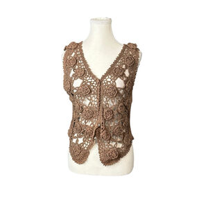 90s vintage hand knit brown floral Crocheted vest